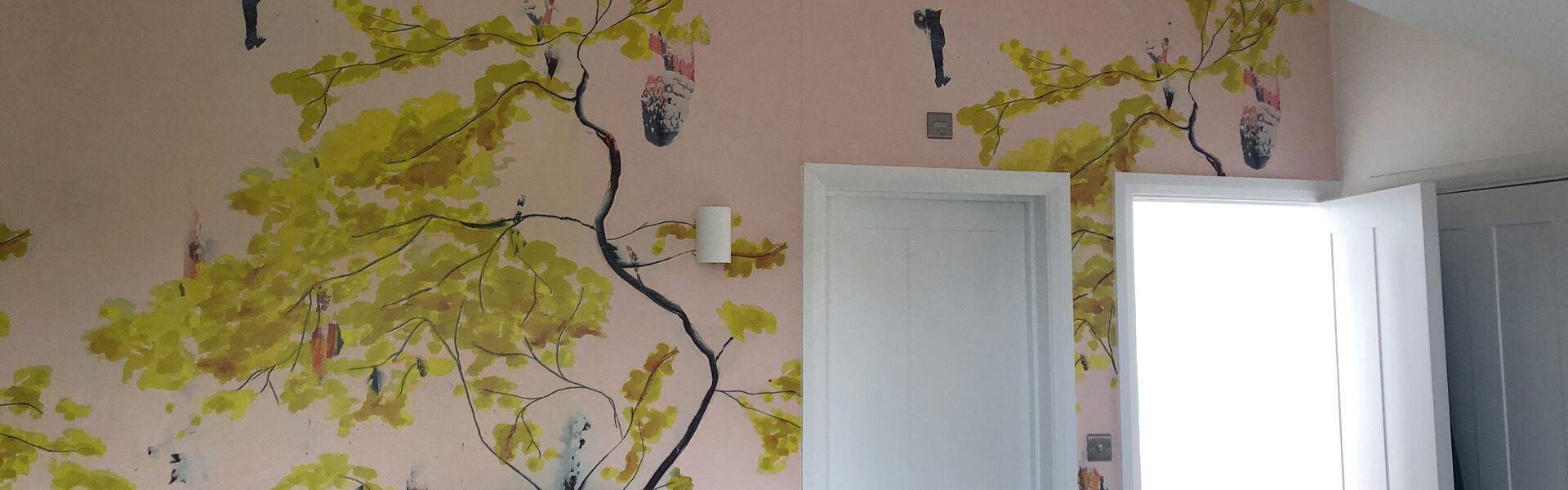 Pink Feature Wall with Tree Branch Wall Paper